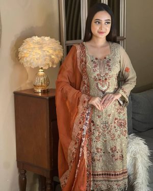 AAF- Awsoom olive - Unstitched Salwar Kameez luxry chiffon olive cif