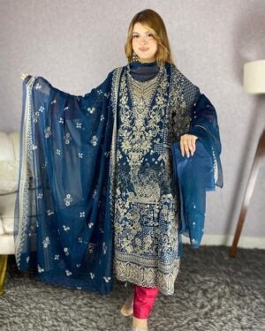 AAF MDC ER BLUE -Bin hamid Pakistani desgin unsutch slowar kamiz -Luxry chiffon fabrice 4 pcs – w mdc er blue – aaf