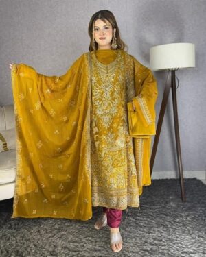 AAF -MDC MASTER YELLOW -Bin hamid Pakistani desgin unsutch slowar kamiz -Luxry chiffon fabrice 4 pcs – w mdc er master yellow – aaf