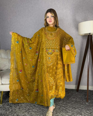 Bin hamid Pakistani desgin unsutch slowar kamiz -Luxry chiffon fabrice 4 pcs – coffi er master – aaf