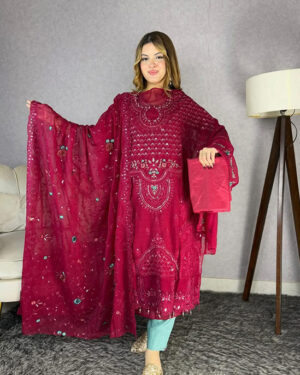 Bin hamid Pakistani desgin unsutch slowar kamiz -Luxry chiffon fabrice 4 pcs – coffi er dragon – aaf