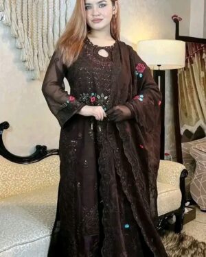 Bin hamid Pakistani desgin unsutch slowar kamiz -Luxry chiffon fabrice 4 pcs – coffi cif 1 – aaf