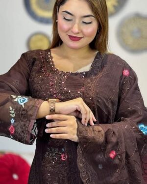 Bin hamid Pakistani desgin unsutch slowar kamiz -Luxry chiffon fabrice 4 pcs – coffi cif – aaf