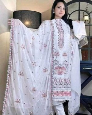 AWSOOM WHITE -Bin hamid Pakistani desgin unsutch slowar kamiz -Luxry chiffon fabrice 4 pcs – white chif – aaf